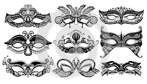 Set of 9 venetian carnival facial masks, Mardi Gras Carnival beautiful mask collection