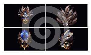 Set of Venetian Face Mask With Beautiful Feathers On Black Background. 3D