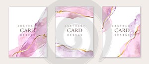 Set of vertical backgrounds. Pink, violet watercolor fluid painting vector design. Dusty pastel and golden marble