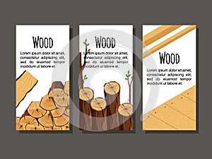 Set of vertical banner firewood materials for lumber industry. Collection of flyers wood logs stubs tree trunk branches