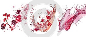 A set of 3 vertical banner flyers with splashes of juice of different red berries. The berries are hand drawn in modern