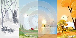 Set Vertical banner landscape natural backgrounds of four seasons. Winter wonderland, Rainy on Spring,Hot sunny day on summer,