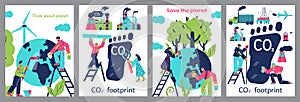 Set of vertical banner templates about carbon footprint and pollution of planet flat style