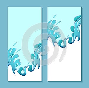 Set of vertical banner with violent sea waves cut out of paper. Card with 3d multilayer drawing of streams of water. Storm.