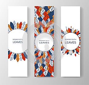 Set of vertical banners for advertising, invitations, internet sites from colorful leaves. Autumn background for sales