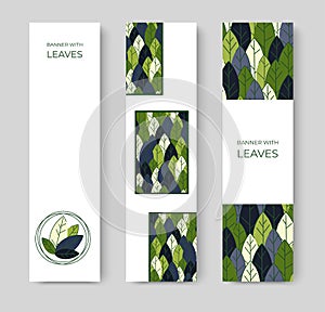 Set of vertical banners for advertising, invitations, internet sites from colorful leaves. Spring background for sales