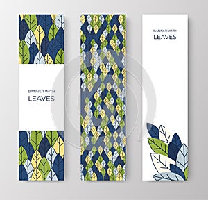 Set of vertical banners for advertising, invitations, internet sites from colorful leaves. Summer background for sales