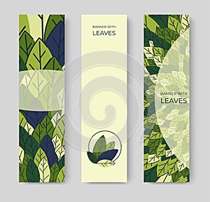 Set of vertical banners for advertising, invitations, internet sites from colorful leaves. Summer background for sales