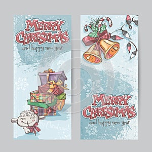 Set of vertical banners with the image of Christmas gifts, garlands of lights and Christmas bells. photo