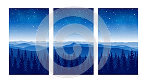 Set of vertical banners with mountain scene with coniferous forest on starry sky background