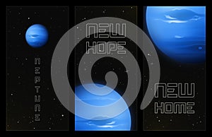 Set of vertical banners with planet Neptune in outer space