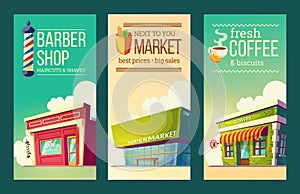 Set vertical banners in retro style with supermarket, barber shop, coffee house