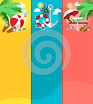 Set of vertical banners on trips with place for your text. Travel, vacation in flat style.