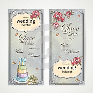 Set of vertical banners wedding invitations with red poppies, cake and a bouquet of roses