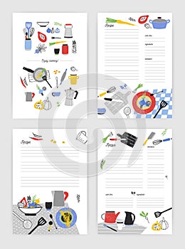 Set of vertical card templates for making notes about cooking homemade meals and food preparation. Blank recipe book