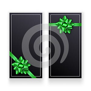 Set of vertical dark greeting card with a green tied bow. Copy space. Anniversary, birthday, invitation, banner, poster, flyer,