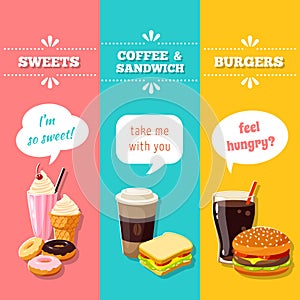 Set of 3 vertical fastfood banners. Vector illustration, eps10.