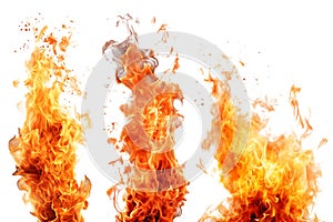 Set of vertical flames on a transparent background. Set of design elements, overlays of open flames and fire in various