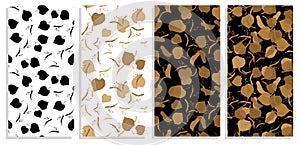 Set of vertical flyers with black silhouettes of linden leaves seamless pattern. Autumn fallen leaves of linden tree. Templates
