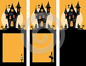 Set of vertical Halloween banners , backgrounds. Spooky house, moon, cat. Vector illustration, black and yellow