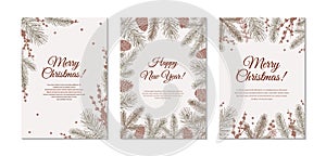 Set of vertical hand drawn Merry Christmas and Happy New Year greeting cards with Christmas tree branches, cones and holly berries