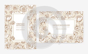 Set of vertical and horizontal card templates with frames made of Austin rose flowers and place for text. Elegant