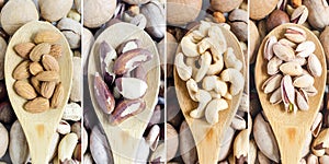 A set of vertical images of different types of nuts. Pistachios, almonds, cashews, Brazil nuts, .