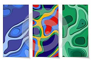 Set of vertical multicolor banners templates with 3D abstract background and paper cut shapes. Design layout for business