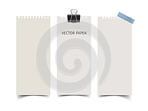 Set of vertical paper card banners. Realistic vector notepaper wit torn edges