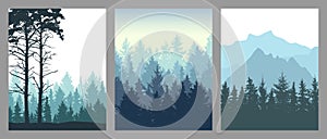 Set of vertical posters. Silhouette of forest, mountains. Beautiful spruce trees and pine. Vector illustration
