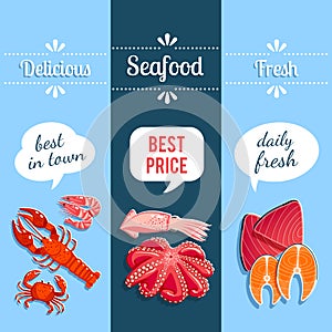 Set of 3 vertical seafood banners with lobster, shrimps, tuna, salmon and so. Vector illustration, eps10.