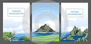 Set of vertical vector background with seascapes, seasides, cliffs, coasts, coastlines, rocks. Sea and ocean with big photo