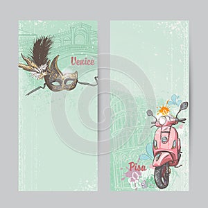 Set of verticall banners of Italy. Cities of Pisa and Venice with a mask and a pink moped photo