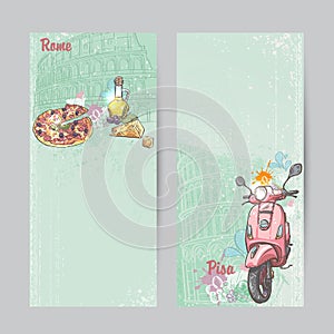 Set of verticall banners of Italy. Cities of Rome and Pisa with the image of a pink moped, pizza, cheese and oil cans photo