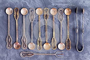 Set of very old Ottoman teaspoons and tongs