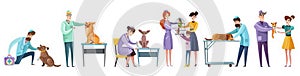 Set of vet doctors during pets examination and owners of domestic animal isolated flat vector illustration