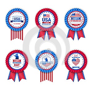 Set Of Veteran Day Medals On White Background, Holiday Badges Collection In Usa Flag Colors