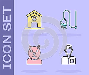 Set Veterinarian doctor, Dog house and paw print, Cat and Pet cat toy icon. Vector