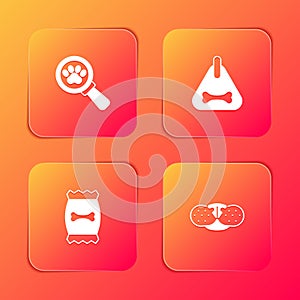 Set Veterinary clinic, Dog collar, Bag of food for pet and Cat nose icon. Vector