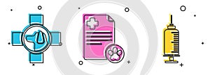 Set Veterinary clinic symbol, Clipboard with medical clinical record pet and Syringe with pet vaccine icon. Vector