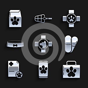 Set Veterinary clinic symbol, Online veterinary, Pet first aid kit, Dog and pills, Clipboard with medical clinical