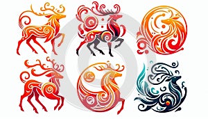 Set of Vibrant Color Illustrations of Scythian Deer: Stylized Forms Representing Strength and Nobility photo
