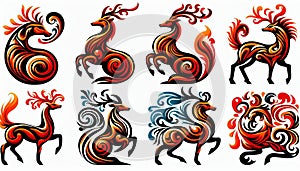 Set of Vibrant Color Illustrations of Scythian Deer: Stylized Forms Representing Strength and Nobility photo