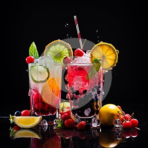 Set of Vibrant Fruit Virgin Cocktails Mocktails Drinks Banner on Dark Background Illustration