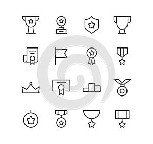 Set of victory and award icons, ribbon, trophy, medal, cup, diploma, champion.