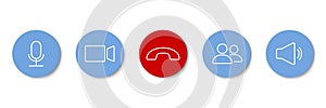 Set of Video call icons. Video conference. Collections buttons of on-line video chat app, internet talk, call technology. Web app