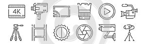 Set of 12 video camera icons. outline thin line icons such as spotlight, shutter, film, play button, screen, super