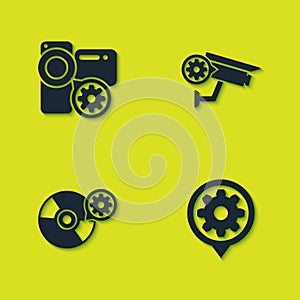 Set Video camera setting, Setting, CD or DVD disk and Security icon. Vector