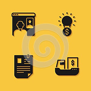 Set Video chat conference, Cargo ship with boxes delivery, Resume and Light bulb dollar icon with long shadow. Vector