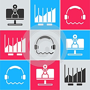 Set Video chat conference, Pie chart infographic and Headphones icon. Vector
